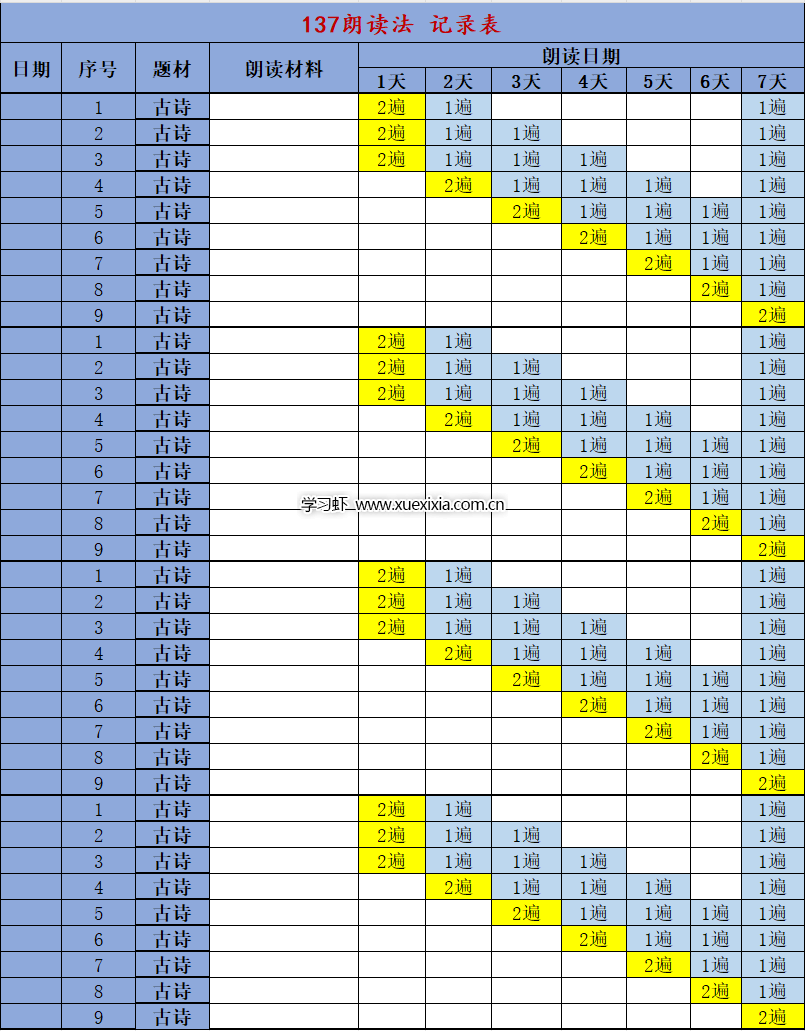 小学1-6年级语文《每日晨读》网盘下载 含朗读法记录表