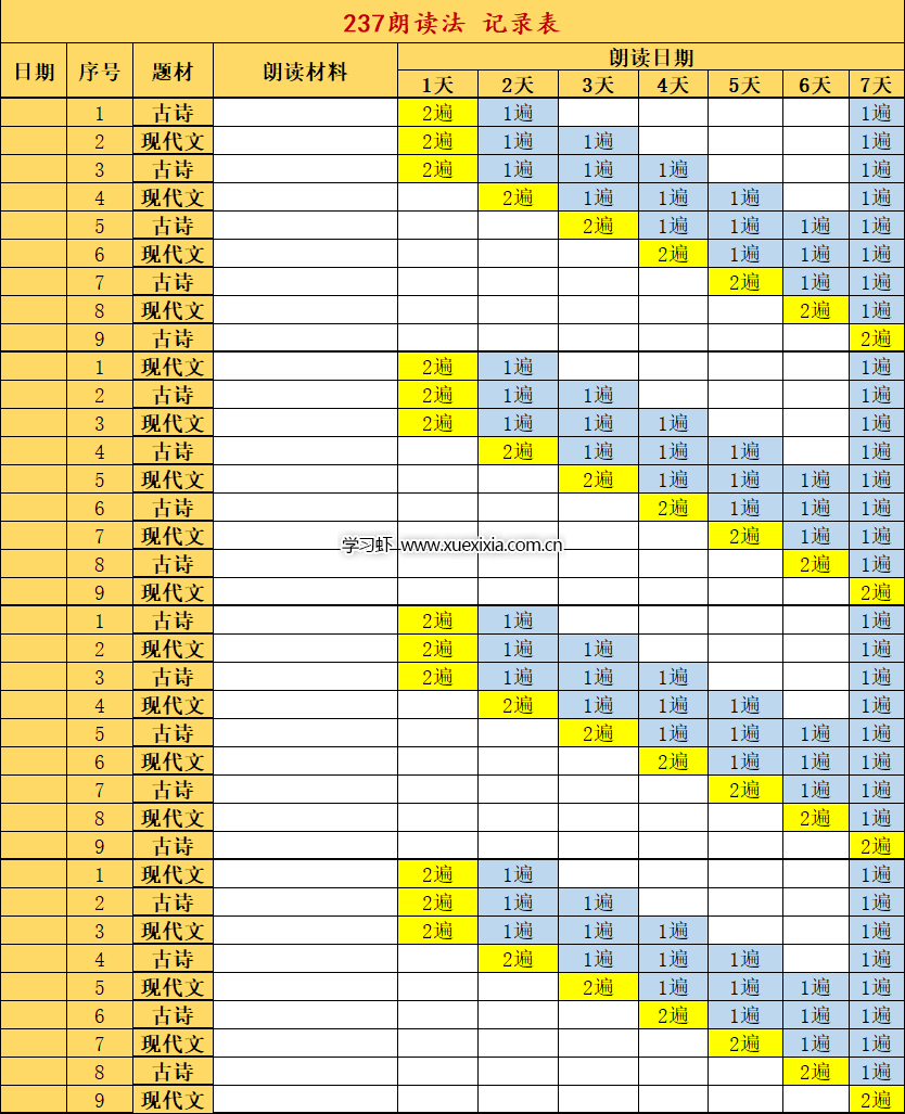 小学1-6年级语文《每日晨读》网盘下载 含朗读法记录表